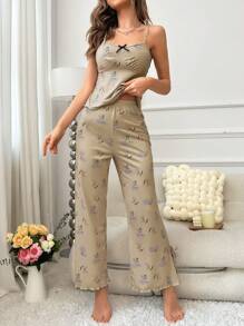 印花前蝴蝶結木耳邊吊帶上衣和闊腿褲睡衣套裝 - 卡其色 - 查看 3