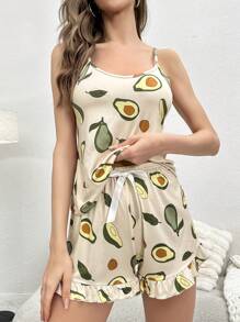 Conjunto de pijama con estampado de fruta bajo con fruncido - Albaricoque - Ver 1