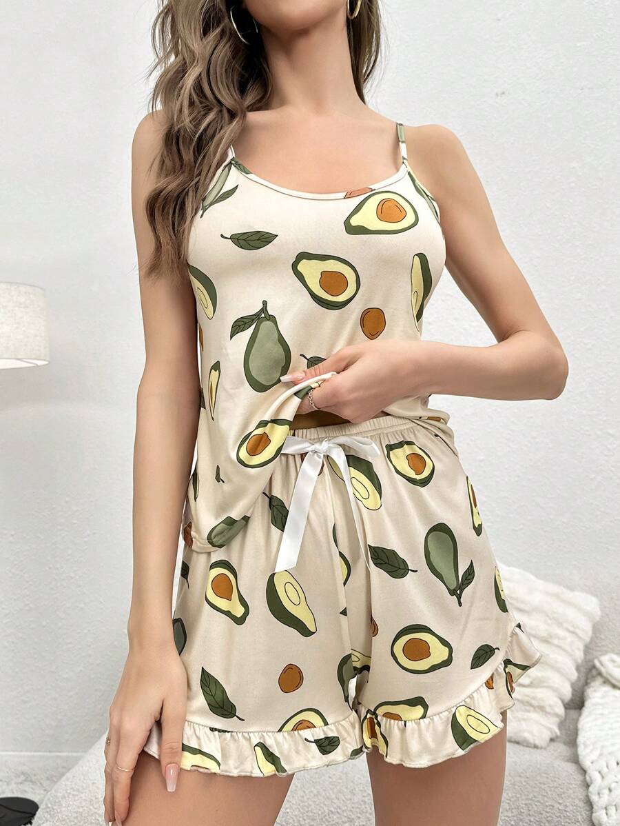 Conjunto de pijama con estampado de fruta bajo con fruncido - Albaricoque - Ver 1