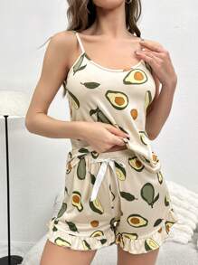 Conjunto de pijama con estampado de fruta bajo con fruncido - Albaricoque - Ver 3