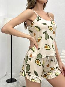 Conjunto de pijama con estampado de fruta bajo con fruncido - Albaricoque - Ver 4