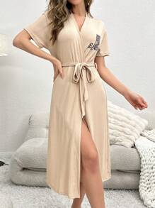 Bata con cinturón con estampado de letra - Albaricoque - Ver 3