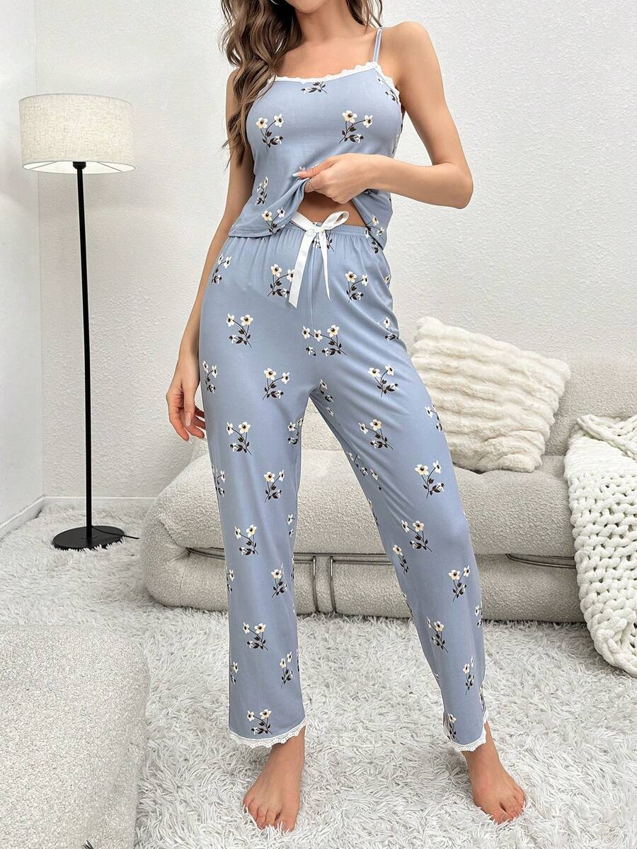 Bộ đồ ngủ Nữ Tương phản ren Nơ Bướm Xù nhỏ Hoa Thực vật - Màu xanh lam - Xem 1
