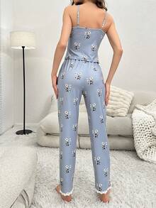 Bộ đồ ngủ Nữ Tương phản ren Nơ Bướm Xù nhỏ Hoa Thực vật - Màu xanh lam - Xem 2