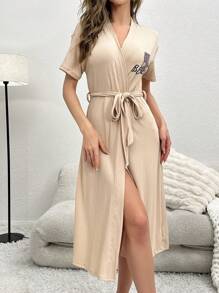 Bata con cinturón con estampado de letra - Albaricoque - Ver 4