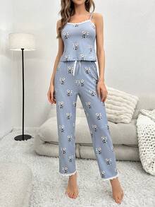 Bộ đồ ngủ Nữ Tương phản ren Nơ Bướm Xù nhỏ Hoa Thực vật - Màu xanh lam - Xem 3