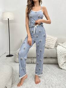 Bộ đồ ngủ Nữ Tương phản ren Nơ Bướm Xù nhỏ Hoa Thực vật - Màu xanh lam - Xem 5