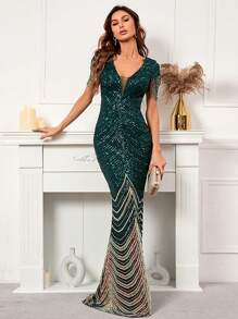 对比色网眼亮片串珠正式派对礼服优雅舞会晚会婚礼宾客礼服，适合毕业典礼、晚宴