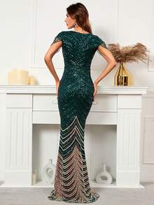 对比色网眼亮片串珠正式派对礼服优雅舞会晚会婚礼宾客礼服，适合毕业典礼、晚宴