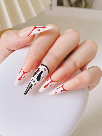 24入組時尚長尖頭指甲套裝，法式血腥風貼式全罩式人造指甲套裝，手工甲品