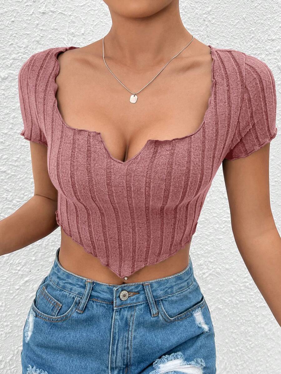 SHEIN PETITE 缺口領手帕下擺短款T恤 - 藕粉色 - 查看 1