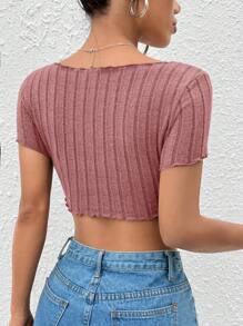 SHEIN PETITE 缺口領手帕下擺短款T恤 - 藕粉色 - 查看 2