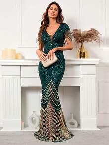 对比色网眼亮片串珠正式派对礼服优雅舞会晚会婚礼宾客礼服，适合毕业典礼、晚宴