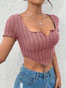 SHEIN PETITE 缺口領手帕下擺短款T恤 - 藕粉色 - 查看 3