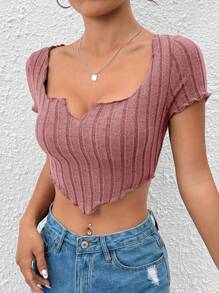 SHEIN PETITE 缺口領手帕下擺短款T恤 - 藕粉色 - 查看 4