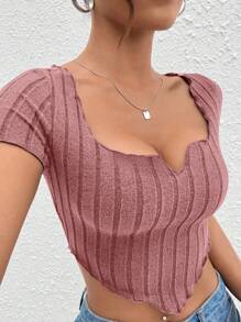 SHEIN PETITE 缺口領手帕下擺短款T恤 - 藕粉色 - 查看 5