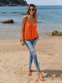 SHEIN LUNE 拼接蕾絲邊吊帶上衣 - 橘色 - 查看 6