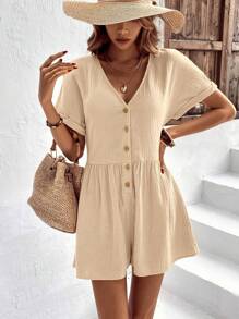 SHEIN LUNE Batwing Sleeve Button Front Romper - Apricot - View 1