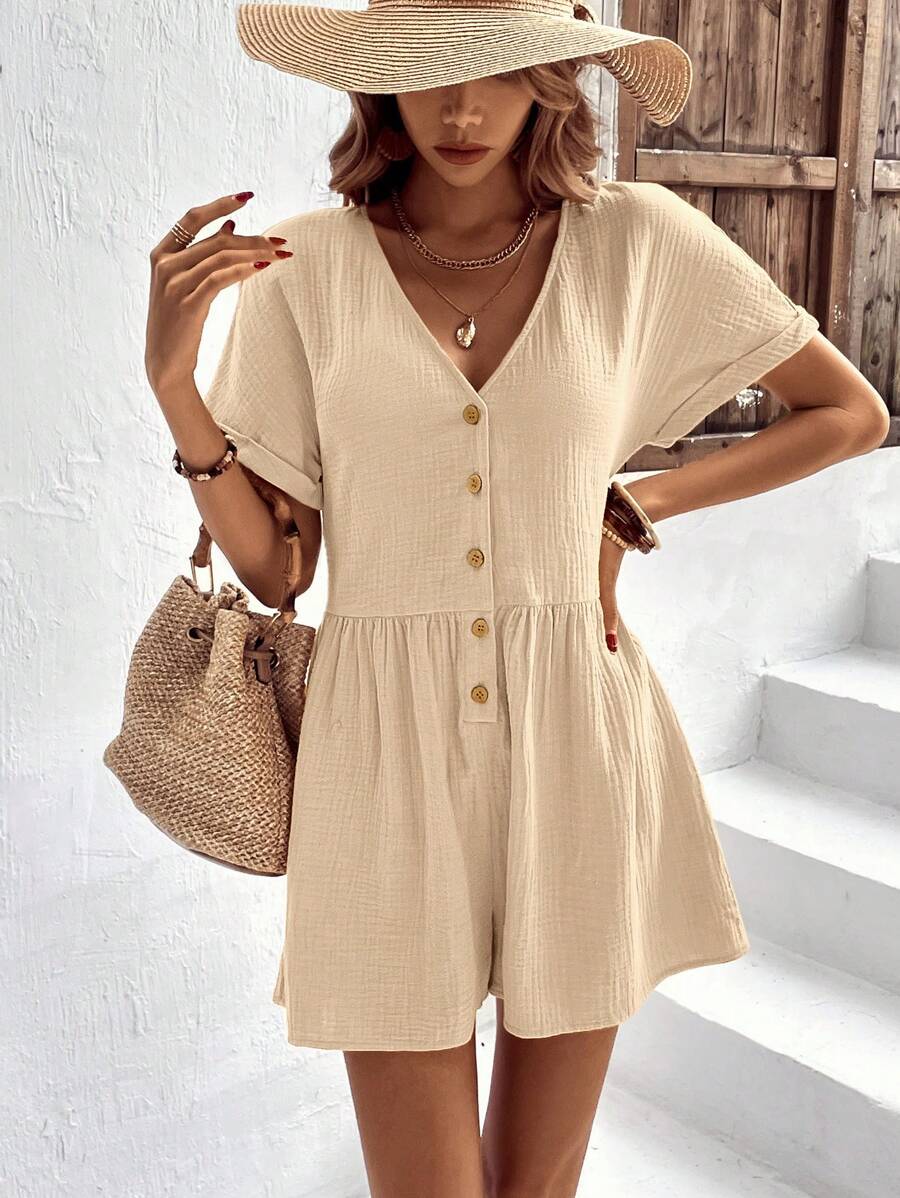 SHEIN LUNE Batwing Sleeve Button Front Romper - Apricot - View 1