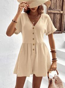 SHEIN LUNE Batwing Sleeve Button Front Romper - Apricot - View 3