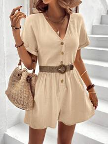 SHEIN LUNE Batwing Sleeve Button Front Romper - Apricot - View 5