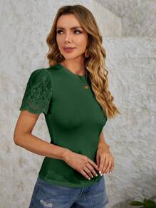 SHEIN LUNE Áo thun nữ Sò điệp Tranh thêu màu trơn Giải trí - Màu xanh lá cây đậm - Xem 5