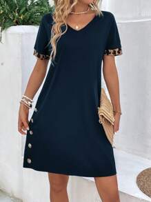 SHEIN LUNE Leopard Print Button Detail Tee Dress - Navy Blue - View 1