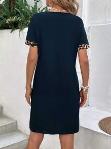 SHEIN LUNE Leopard Print Button Detail Tee Dress - Navy Blue - View 2