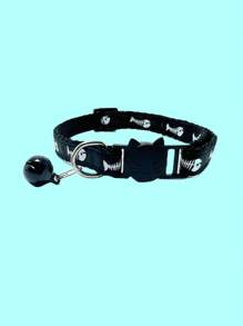 1pc Fish Bone Pattern Bell Decor Pet Collar For Cat And Dog For Decoration - Black - View 1