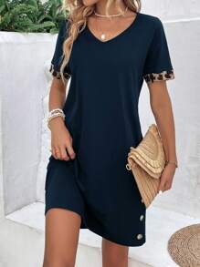 SHEIN LUNE Leopard Print Button Detail Tee Dress - Navy Blue - View 3