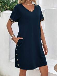 SHEIN LUNE Leopard Print Button Detail Tee Dress - Navy Blue - View 4