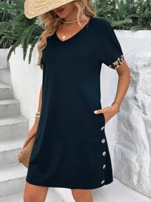 SHEIN LUNE Leopard Print Button Detail Tee Dress - Navy Blue - View 6