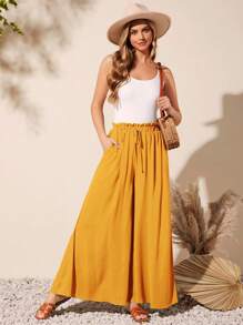 SHEIN LUNE Quần nữ Thắt nút Túi Quần paper-bag màu trơn Giải trí - Màu vàng - Xem 1