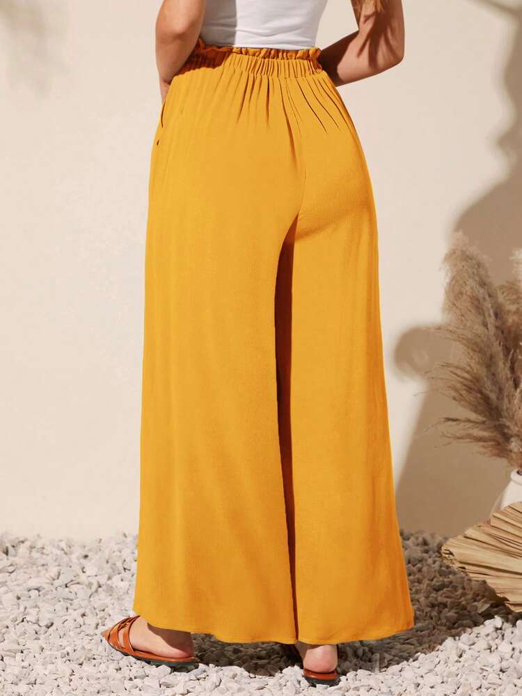 SHEIN LUNE Quần nữ Thắt nút Túi Quần paper-bag màu trơn Giải trí - Màu vàng - Xem 2