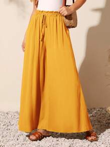 SHEIN LUNE Quần nữ Thắt nút Túi Quần paper-bag màu trơn Giải trí - Màu vàng - Xem 3