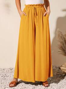 SHEIN LUNE Quần nữ Thắt nút Túi Quần paper-bag màu trơn Giải trí - Màu vàng - Xem 4