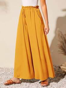 SHEIN LUNE Quần nữ Thắt nút Túi Quần paper-bag màu trơn Giải trí - Màu vàng - Xem 5