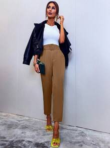 GENKIRA 素色斜口袋腰帶九分西裝褲工作服 - 棕色 - 查看 3