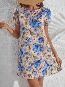 SHEIN LUNE 印花花瓣袖直筒連衣裙 - 淺粉色 - 查看 1