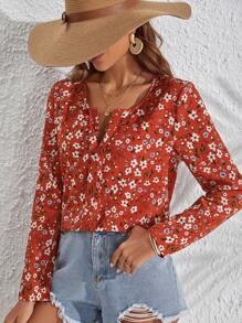 SHEIN Clasi 碎花缺口領襯衫 - 亮橙色 - 查看 3