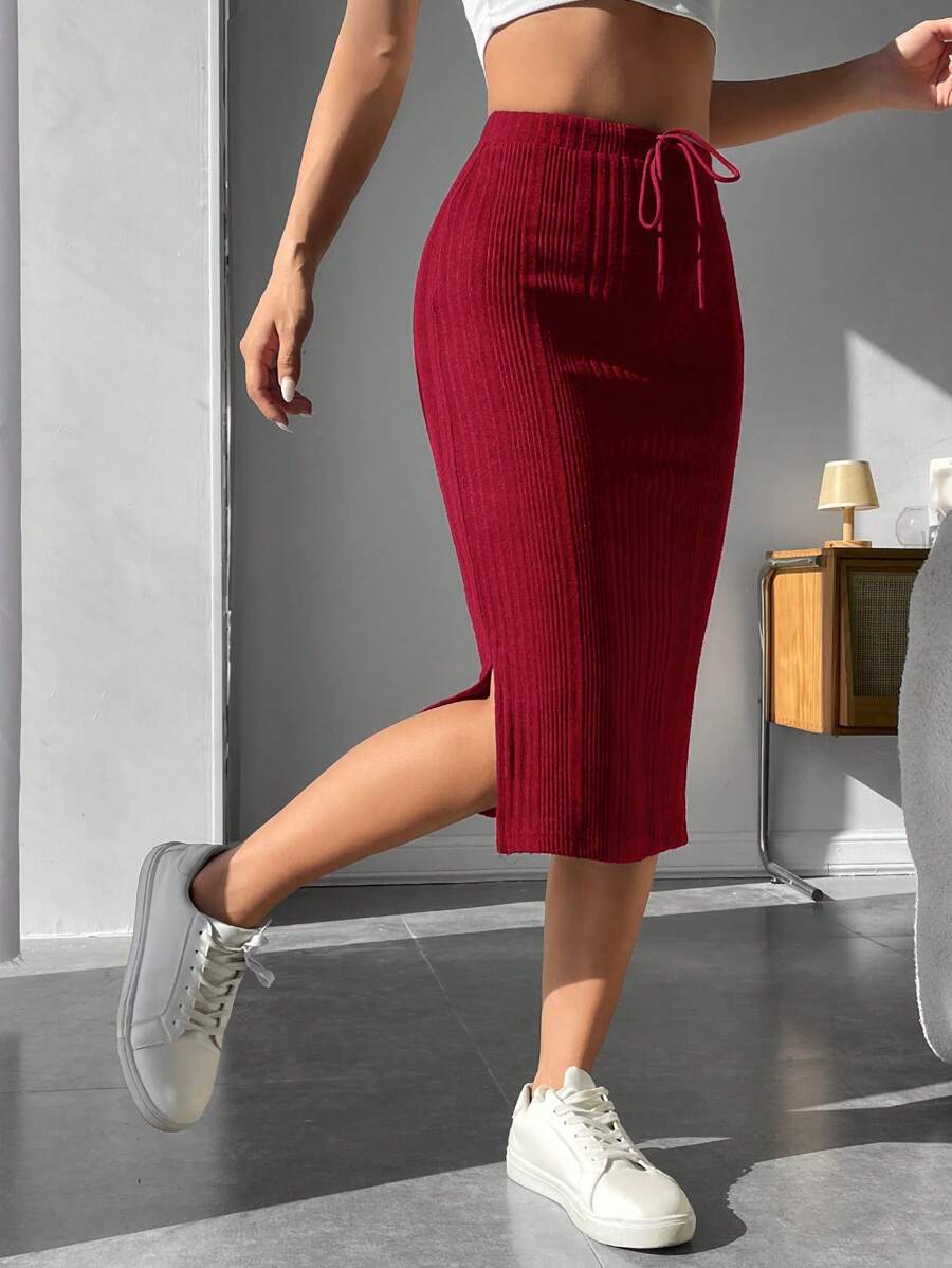 SHEIN PETITE Drawstring Waist Split Thigh Ribbed Knit Skirt