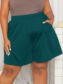 SHEIN CURVE+ Quần Short kích thước lớn Túi màu trơn Giải trí - Màu xanh lá cây đậm - Xem 3