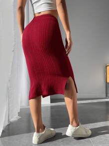 SHEIN PETITE Drawstring Waist Split Thigh Ribbed Knit Skirt