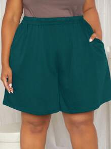SHEIN CURVE+ Quần Short kích thước lớn Túi màu trơn Giải trí - Màu xanh lá cây đậm - Xem 4