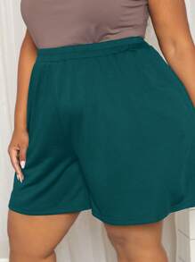 SHEIN CURVE+ Quần Short kích thước lớn Túi màu trơn Giải trí - Màu xanh lá cây đậm - Xem 5