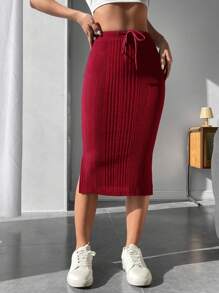 SHEIN PETITE Drawstring Waist Split Thigh Ribbed Knit Skirt