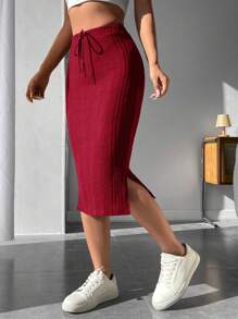 SHEIN PETITE Drawstring Waist Split Thigh Ribbed Knit Skirt