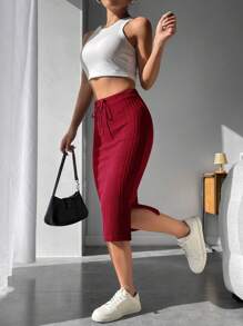 SHEIN PETITE Drawstring Waist Split Thigh Ribbed Knit Skirt