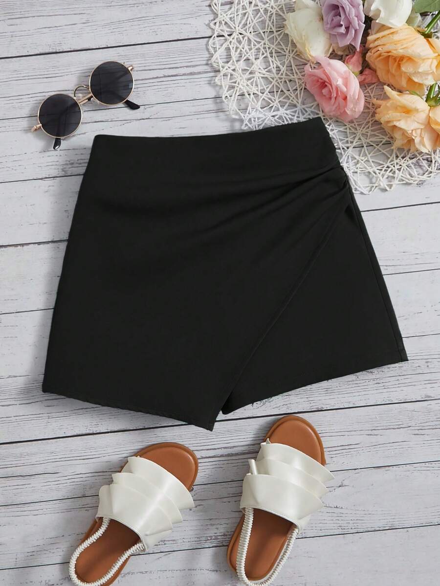 SHEIN LUNE 素色圍裹下擺裙裤 - 黑色 - 查看 1