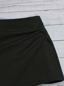 SHEIN LUNE 素色圍裹下擺裙裤 - 黑色 - 查看 4